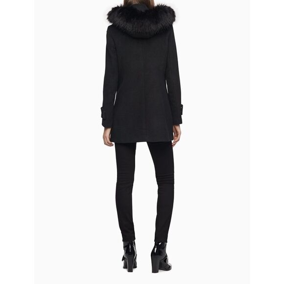 New! CALVIN KLEIN Wool-Blend Hooded Faux Fur Black Coat Jacket XL Zip-Front - Picture 2 of 12